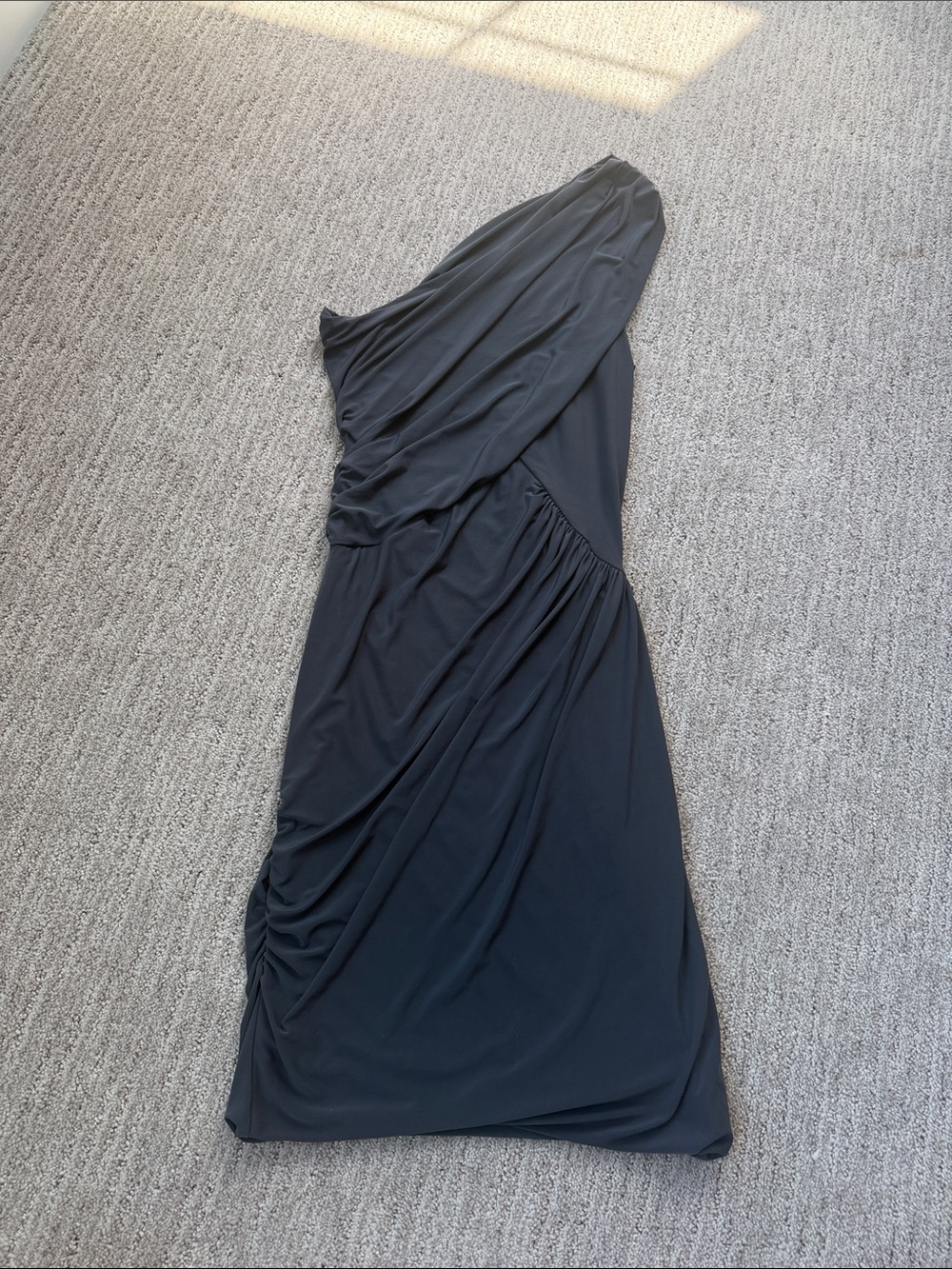 Aqua One-Shoulder Black Draped Evening Dress